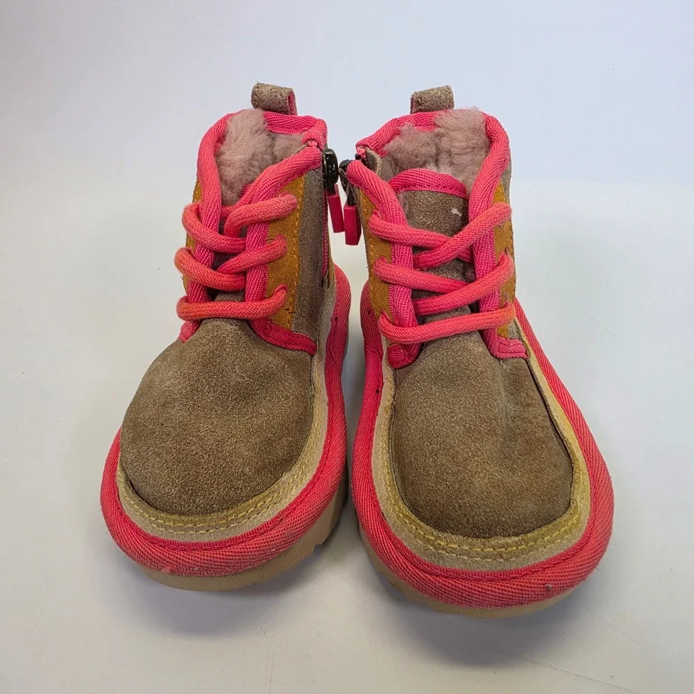UGG Neumel II Toddler 6C Brown Pink Suede Shearling Lace Up Ankle Boots